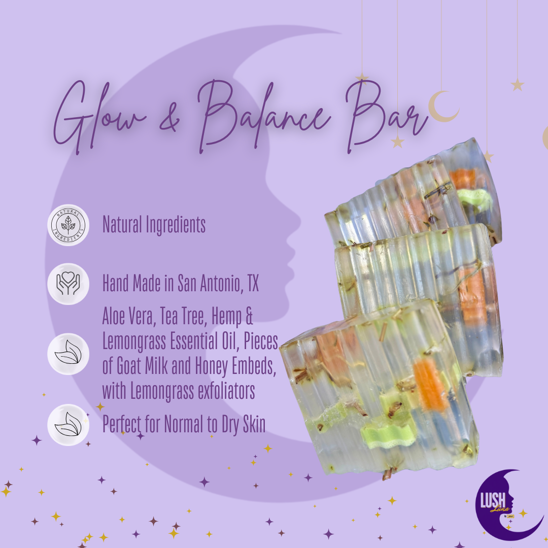Handcrafted Glow & Balance Bar soap with an aloe vera base, infused with hemp oil, tea tree, and lemongrass, featuring visible goat milk soap pieces and real lemongrass for natural exfoliation.